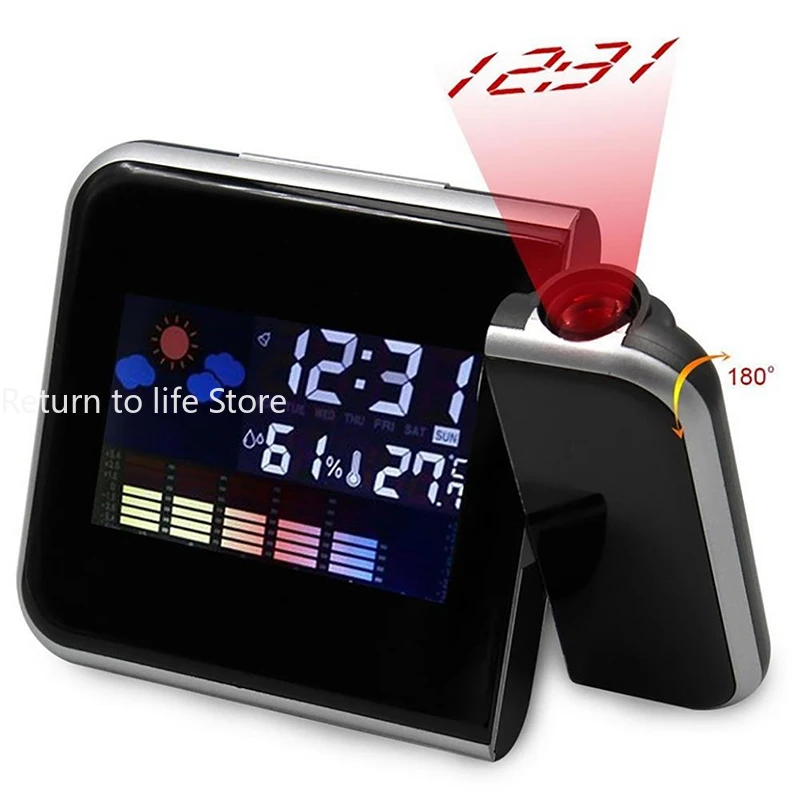 Digital Alarm Clock Wall Projection Weather LCD Screen Snooze Alarm Dual Laser Rotatable Clock Color Display Desk Watch