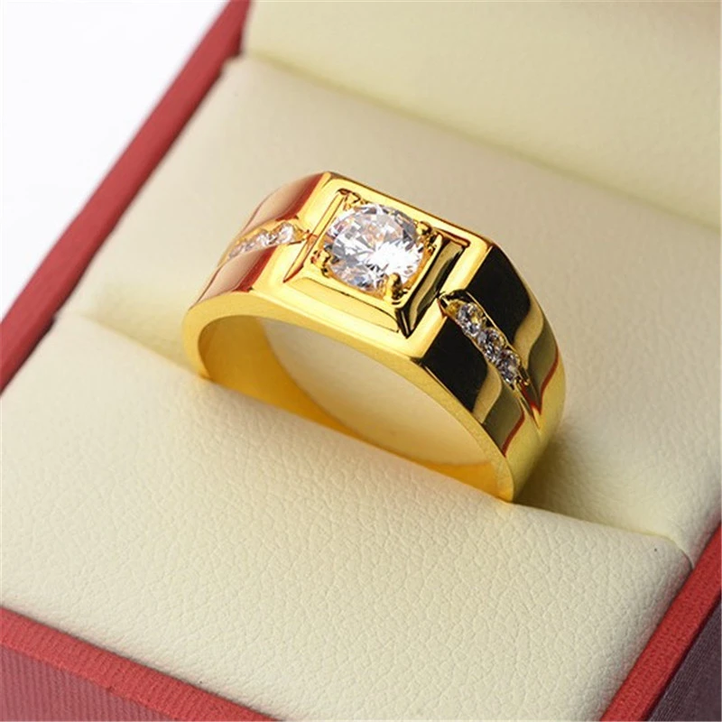 Solitaire male ring 24KT Gold Color 925 Sterling silver AAA Zircon cz Engagement Wedding Band Rings for men Finger Party Jewelry