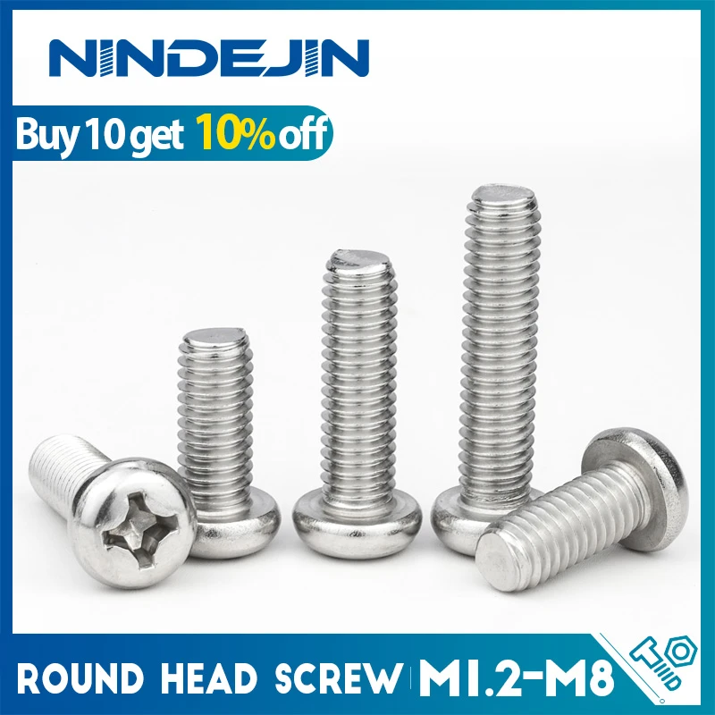 NINDEJIN Cross Recessed Pan Round Head Screws M1.2 M1.4 M1.6 M2 M2.5 M3 M4 M5 M6 M8 Stainless Steel Phillips Machine Screw