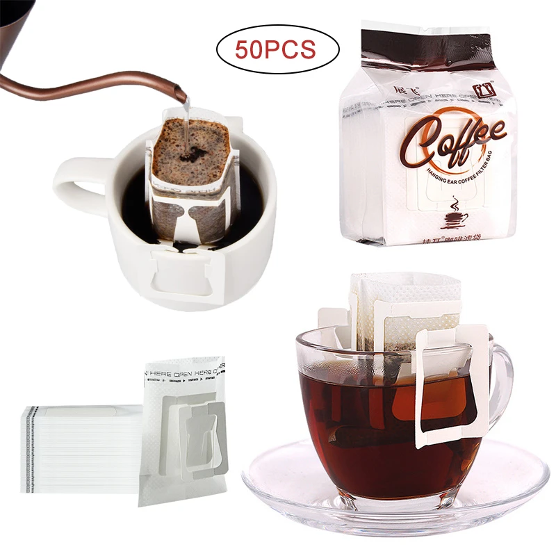 50Pcs/Pack Disposable Coffee Fliter Bags Portable Hanging Ear Style Coffee Filters Eco-Friendly Paper Bag For Espresso Coffee