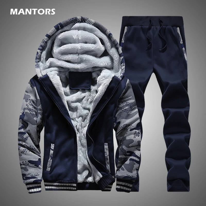 2020 Men's Hoodies Tracksuit Winter Fleece Camouflage Suit Warm Velvet Sweatshirt Brand Clothing Men Set Jacket+Pants 2PCS Blue