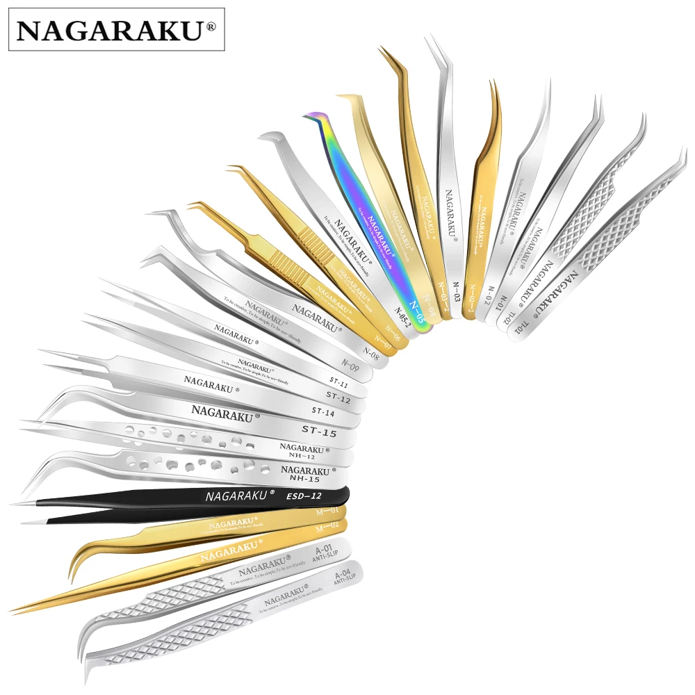 NAGARAKU Stainless Steel Straight Curved Nail Tools Eyelash Extension Accurate Tweezers Nippers Pointed Clip Set Makeup Tools