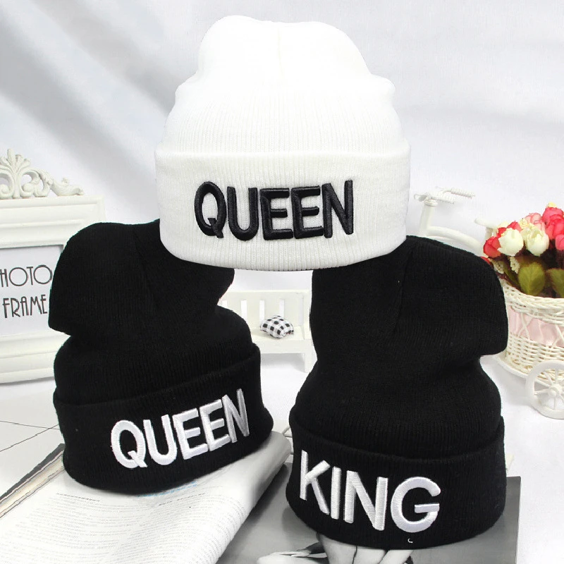 KING QUEEN Letter Beanies Embroidery Warm Hat Knitted Cap Hip Hop Men Women Lovers Street Dance Bonnet Skullies Black White