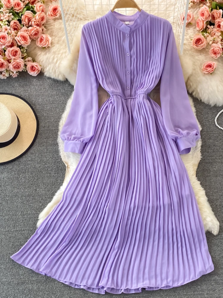 Spring And Summer Solid Color Sundresses Women's Dress Light Elegant Holiday Orange Pleated Chiffon Maxi Dress Femme Robe