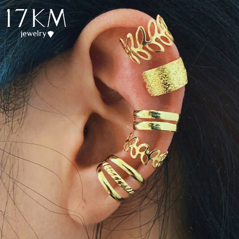 17KM Gold Leaves Ear Cuff Black Non-Piercing Ear Clips Fake Cartilage Earrings Clip Earrings For Women Men Wholesale Jewelry