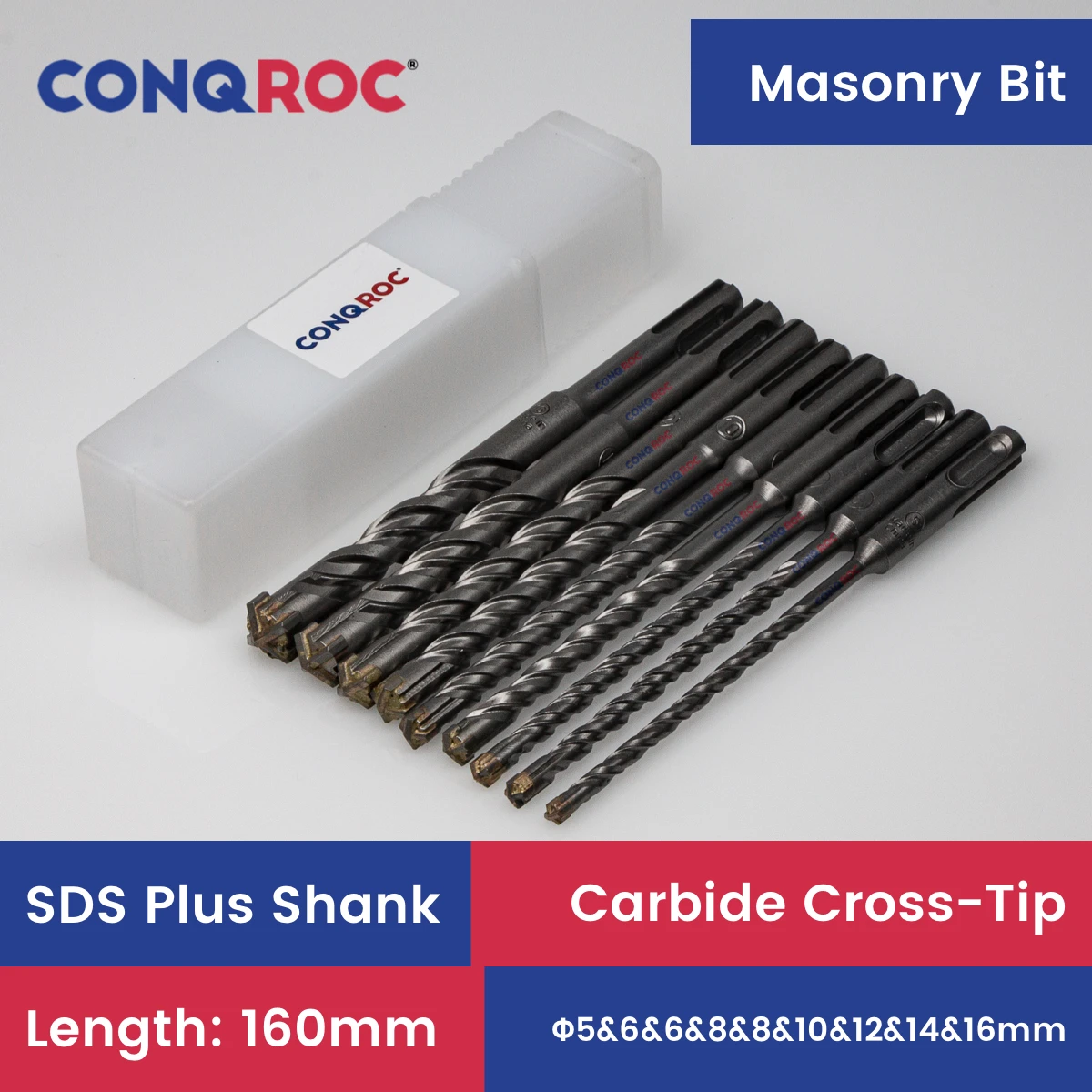 9 Pieces 160mm SDS Plus Masonry Drill Bits Kit Multi-Point Carbide-Tipped Twin Spiral Hammer Drill Bits Set with Case