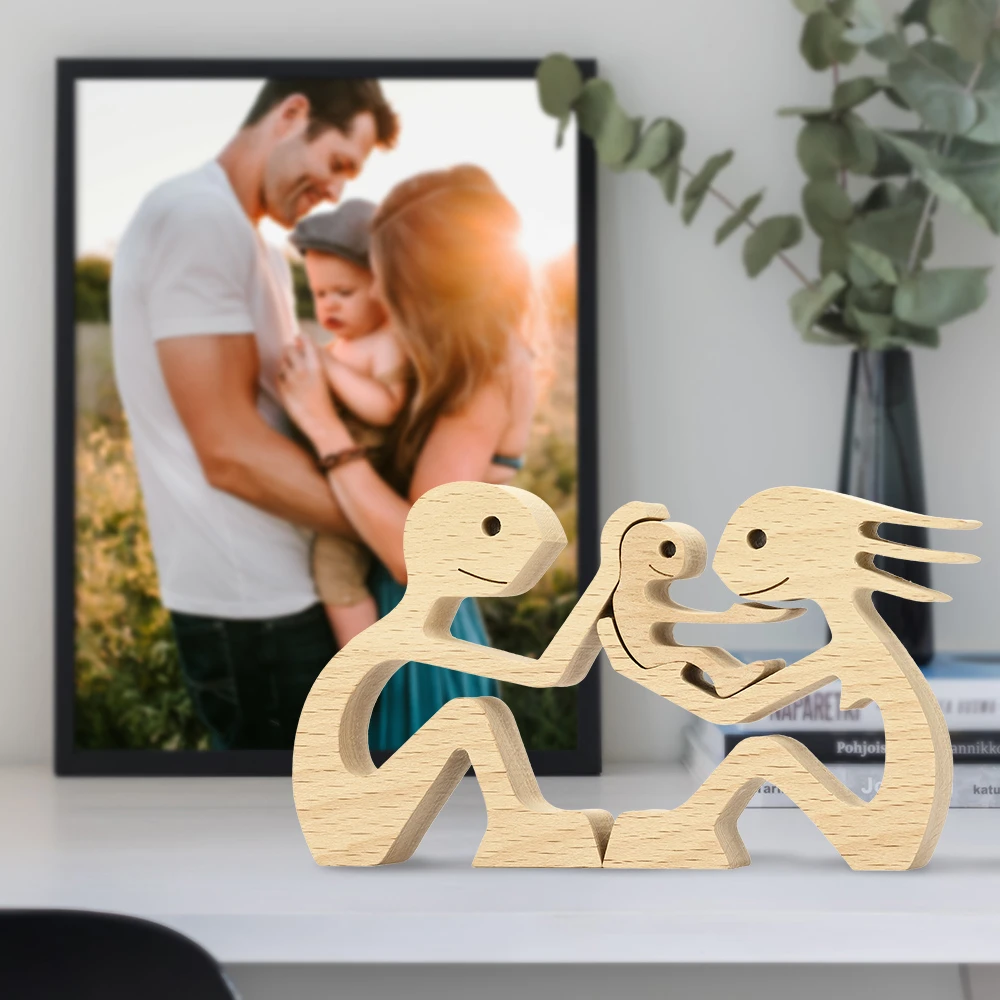 Family Wooden Statue Couple Human And Dog Figurines Home Decor Craft Table Christmas Gift Office Desk Accessories Dropshipping