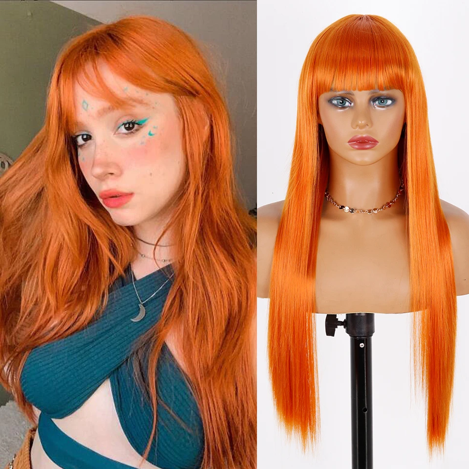 VOGUESI 26Inch Blonde Orange Long Straight Wig With Bangs Cosplay Synthetic Hair Wigs For Woman Heat Resistant Fiber Hair Wigs