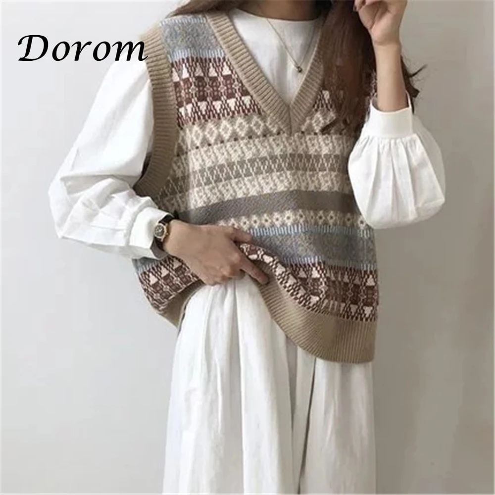 Vintage Argyle V-neck Knitted Sweater Vest Women Loose Sleeveless Sweater Pullover Autumn Korean Casual Oversized Knit Waistcoat