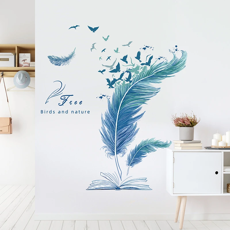 Feathers Wall Stickers DIY Cartoon Plume Mural Decals for Kids Rooms Baby Bedroom Children Nursery Home Decoration Accessories