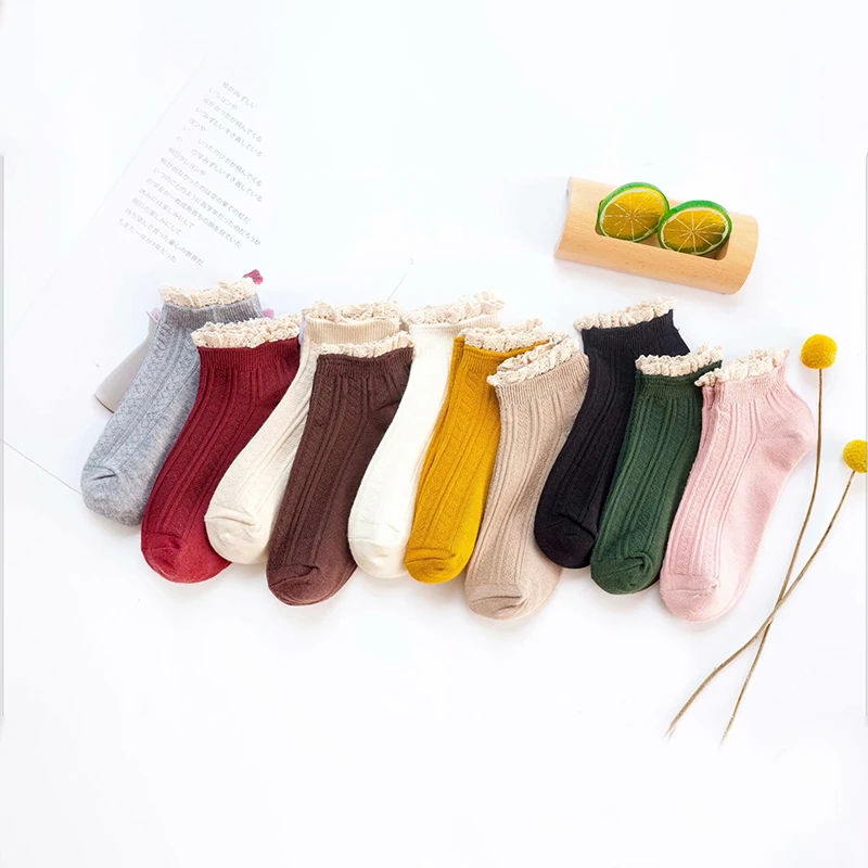 4Pairs Fashion Lace Ruffles Soft Cotton Women Socks Solid Color Spring Summer Cute Sweet Princess Girl Cozy Lovely Frilled Socks