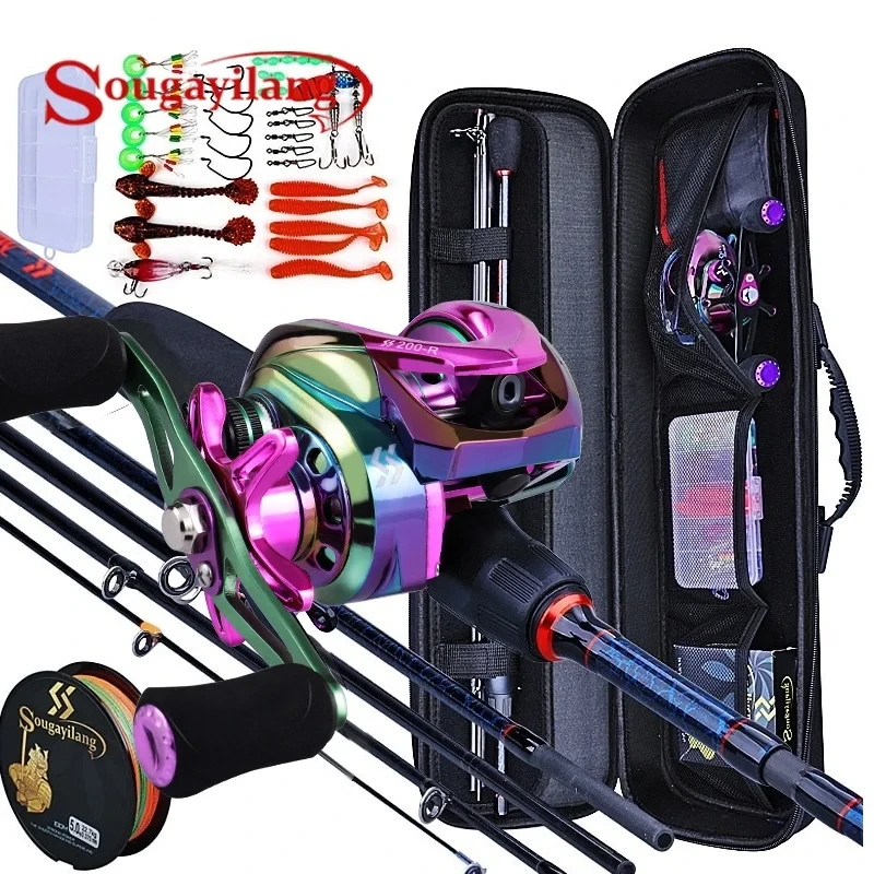 Sougayilang Fishing Rods and Reels 5 Section Carbon Rod Baitcasting Reel Travel Fishing Rod Set with Full Kits Carrier Bag