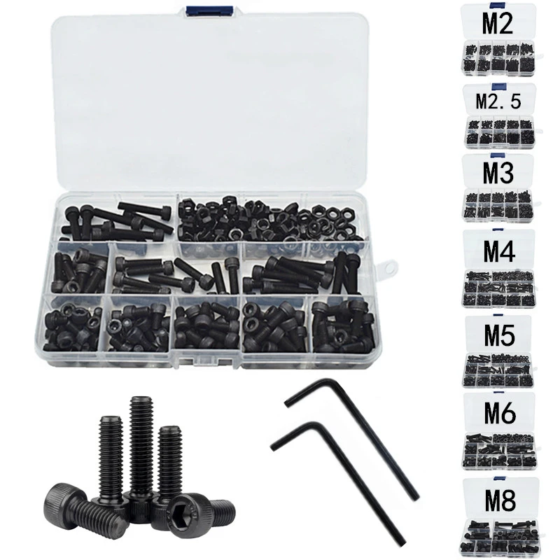 Hex Hexagon Socket Head Cap Screw Nut 12.9 Grade Carbon Steel M2 M2.5 M3 M4 M5 M6 M8 Black Screw Set Bolt and Nut Assortment Kit