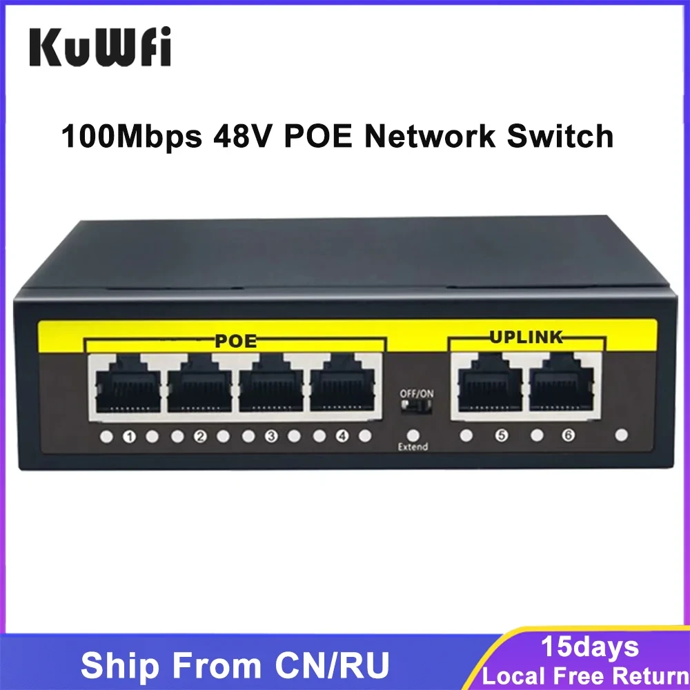 KuWFi POE Switch 48V 100Mbps Ethernet Switch 4 Ports POE Switcher Standard RJ45 Injector Switch for IP Camera/Wireless AP/CCTV
