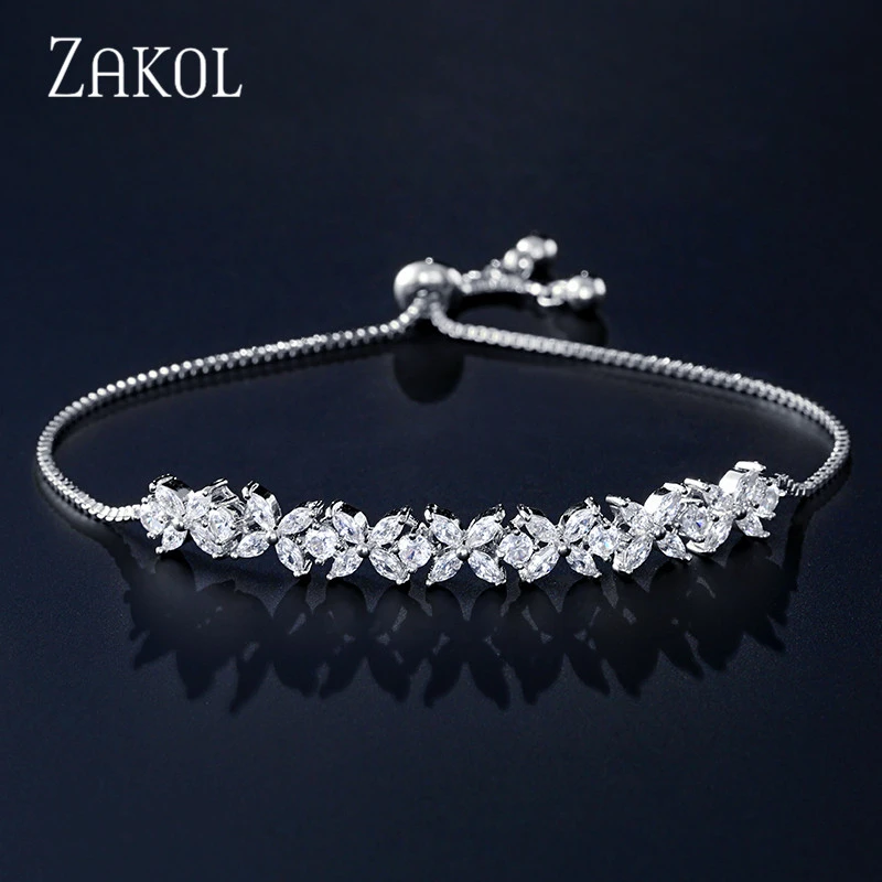 ZAKOL New Arrival White CZ Zircon Stones Flower Charm Adjustable Bracelets for Women Fashion Wedding Jewelry FSBP2136