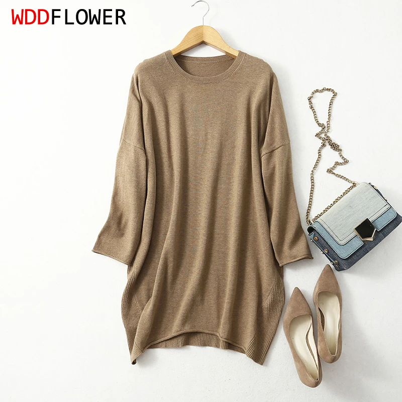 Women's 85% Silk 15% Cashmere Crew Neck Long Loose Type Pullover Top Sweater Dress LY001