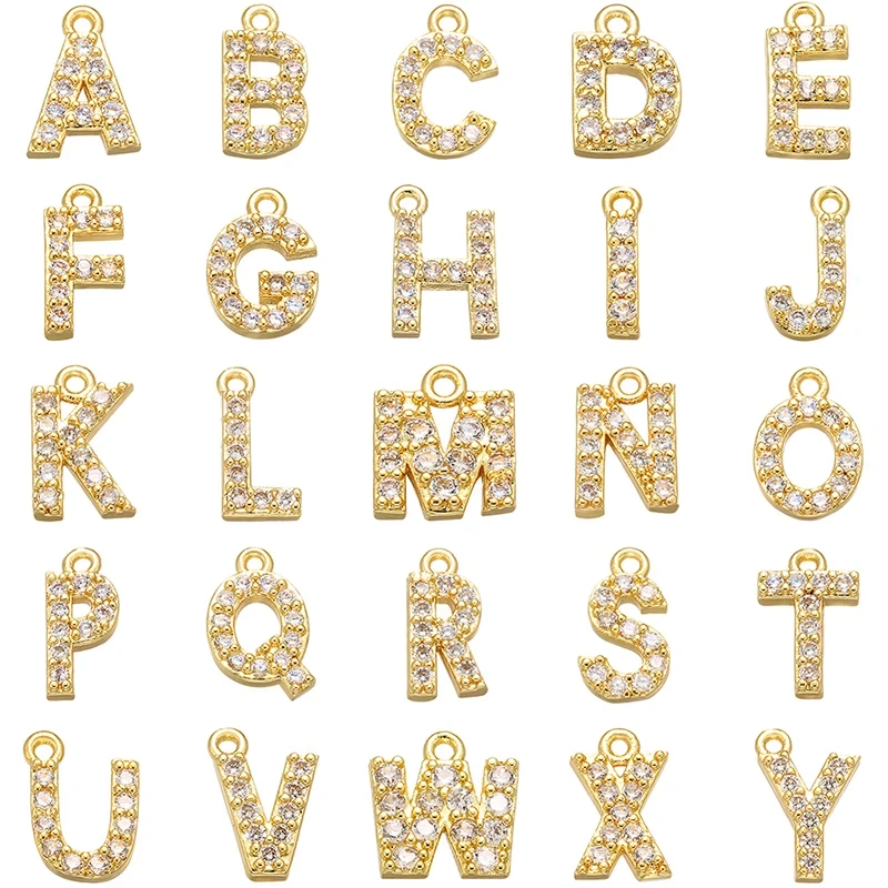 ZHUKOU 8x8.5mm Brass Cubic Zirconia Crystal 26 Letter Charms Pendants for Women Necklace earring jewelry accessories model:VD545