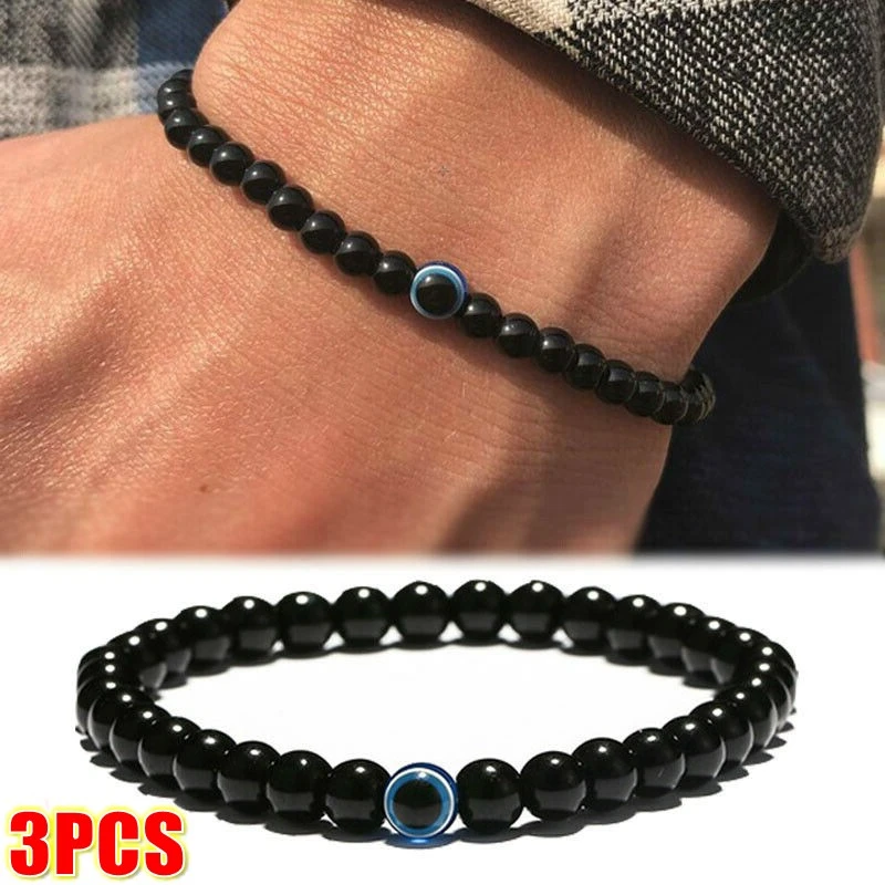 Turkish Evil Eyes Bracelet Black Natural Stone Beads Obsidian Men Braslet for Women Men Yoga Hand Jewelry Accessories 1/3Pcs