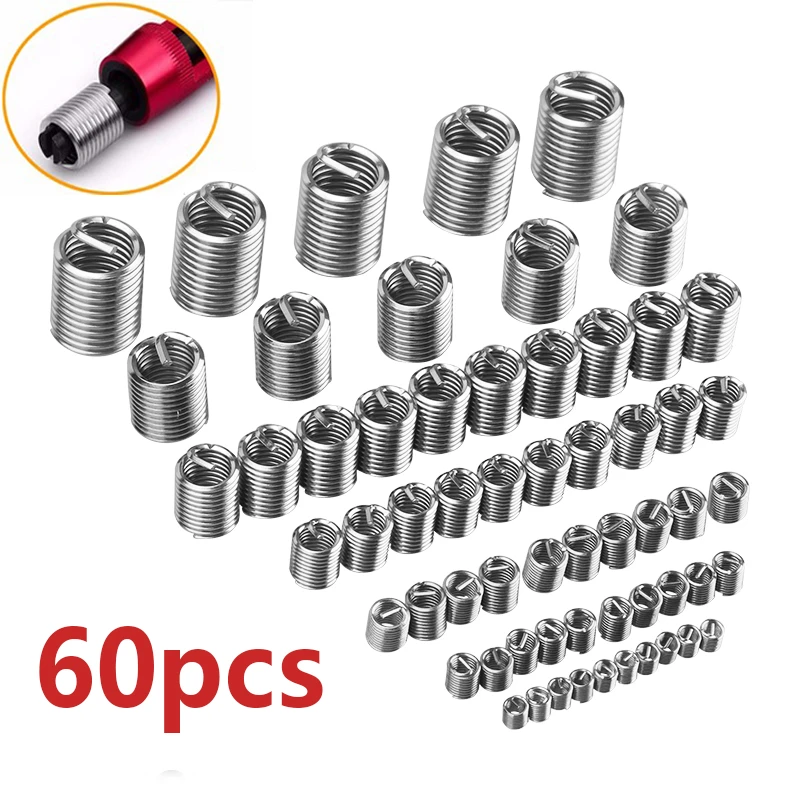 60pcs Silver M3-M12 304 Wire Thread Insert Repair Kit Set Stainless Steel Spiral For Hardware Repair Tools Easy Install