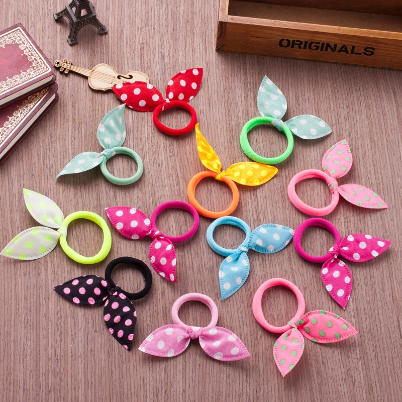 10Pcs/lot Children Hair Band Cute Polka Dot Bow Rabbit Ears Headband Girl Ring Scrunchy Kids Ponytail Holder Hair Accessories