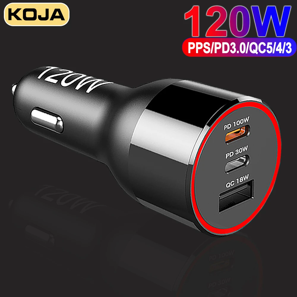 120W Fast Car Charger 3 Port USB Quick Charge PPS/PD 100/65/45/30/20W QC3.0 18W For Huawei Xiaomi TYPE C Iaptop Tablet Iphone 12