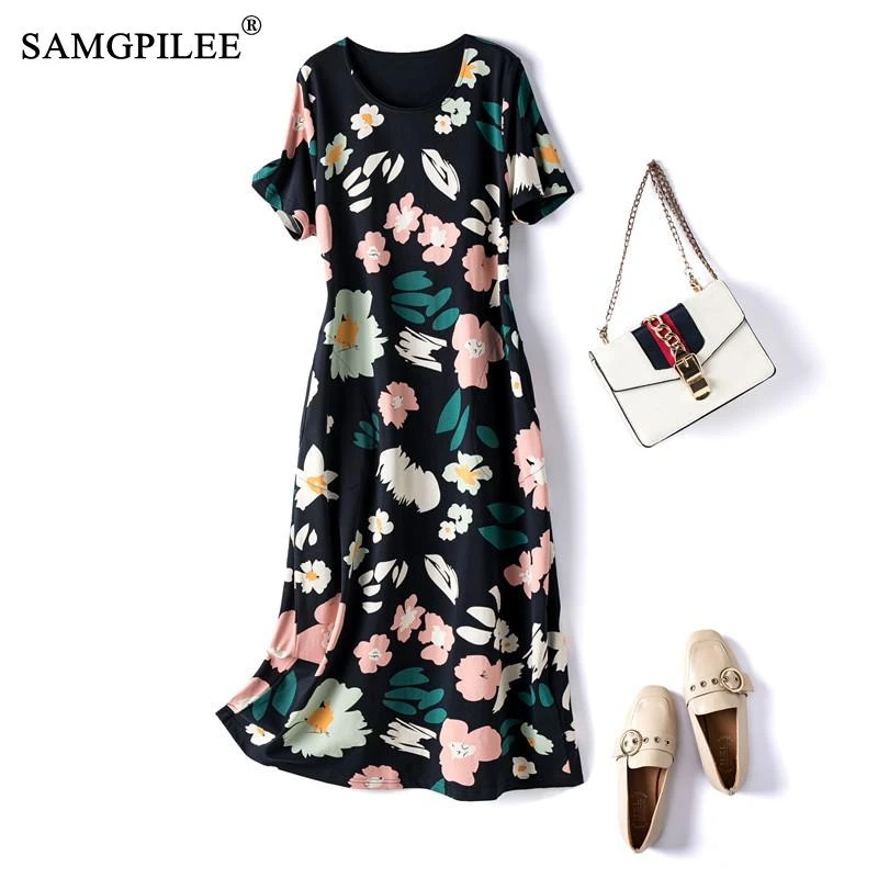 Maxi Dresses For Women Plus Size Dress Print Polo Vestido Casual Straight Female Pockets Cotton Elegant Summer Clothes For Women