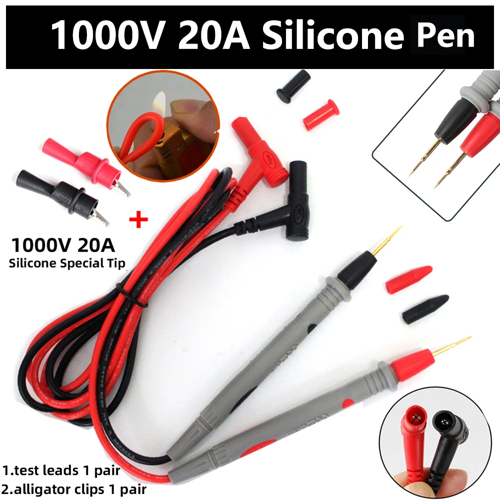 1000V 20A 1 pair Digital Multimeter probe Soft-silicone-wire Needle-tip Ordinary test leads with Alligator clip For  Multimetro