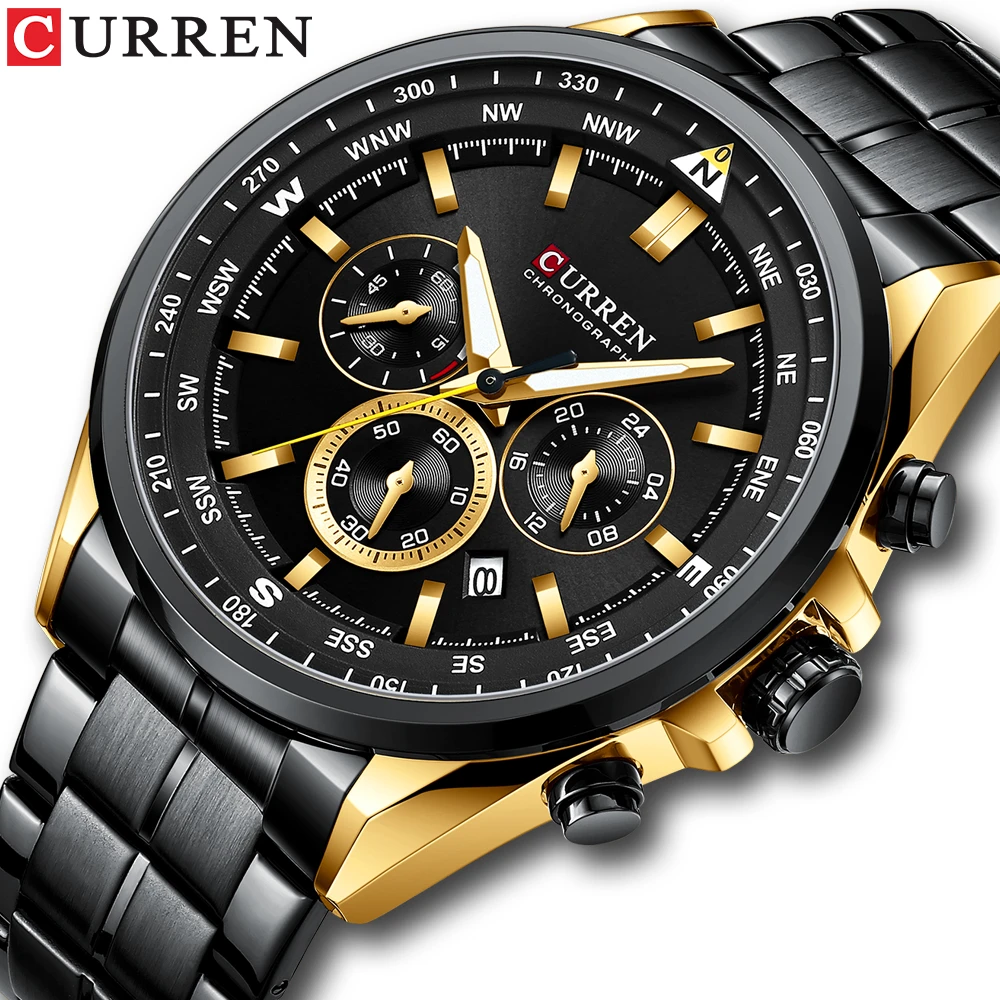 CURREN Men Quartz Wristwatches Luxury Brand Sporty Chronograph Watches with 316 Stainless Steel Luminous Hands Male Clock Black