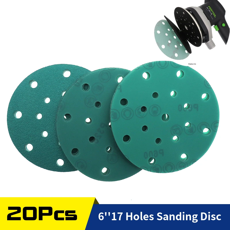20Pcs 6 Inch 150MM 17 Holes  60 to 2000 Grits Hook and Loop Polyester Film Green Sandpaper Sanding Disc