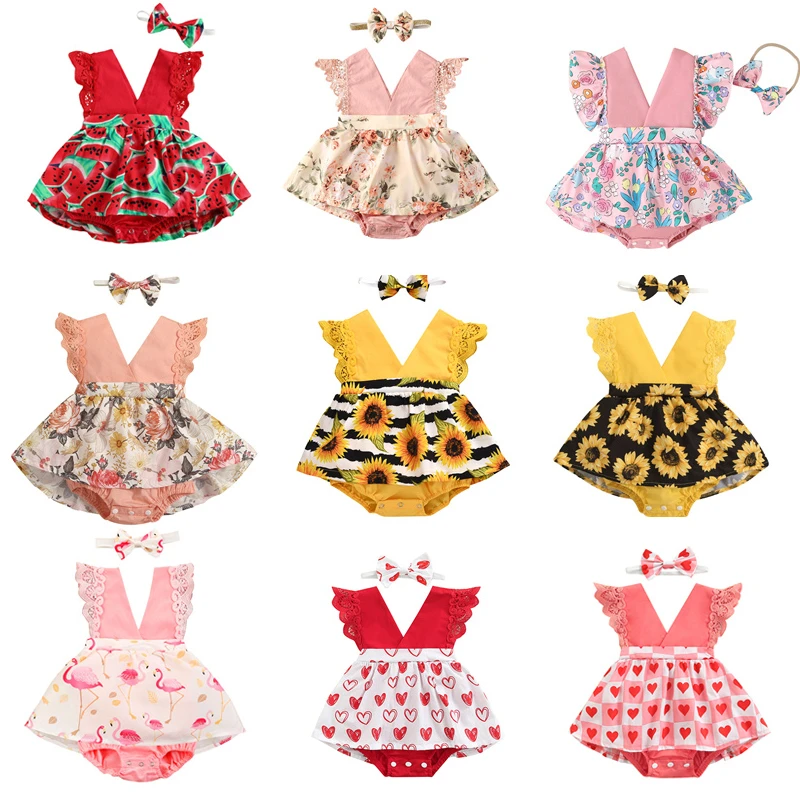 Newborn Baby Girl Clothes Lace Ruffle Sunflower Print Romper Headband 2Pcs Summer Sleeveless Outfits Sunsuit for 0-24Months