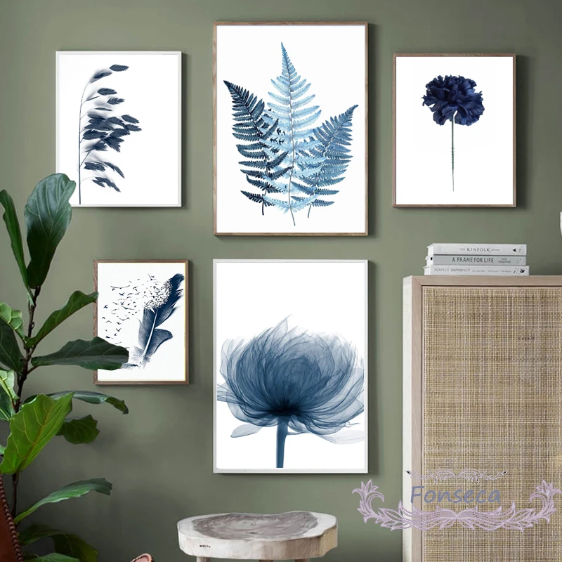 Watercolor Blue Botanical Leaf Poster Minimalist Nordic Flowers Plant Canvas Painting Wall Art Pictures for Living Room Decor