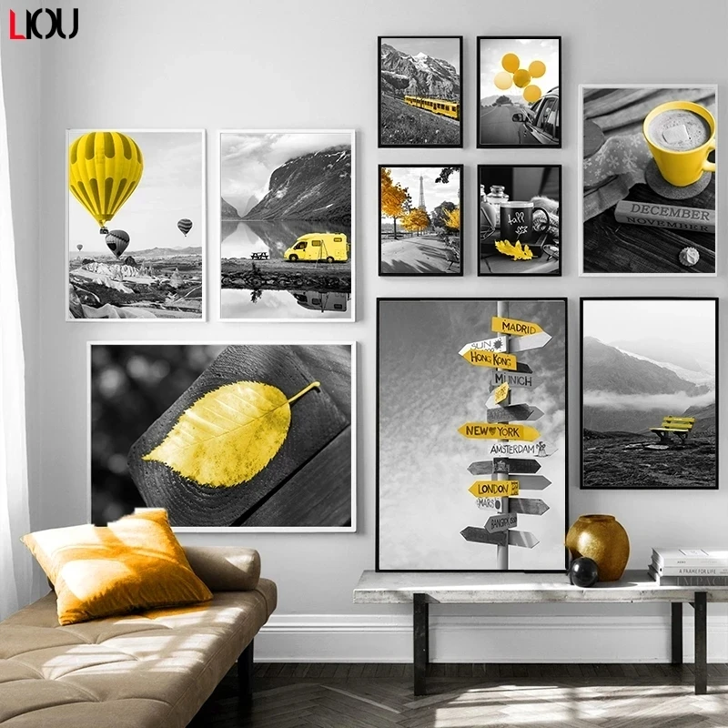 Nordic Photograph landscape Yellow Style Scenery Black and White Northern Europe Wall Art Poster Pictures for Living Room Decor