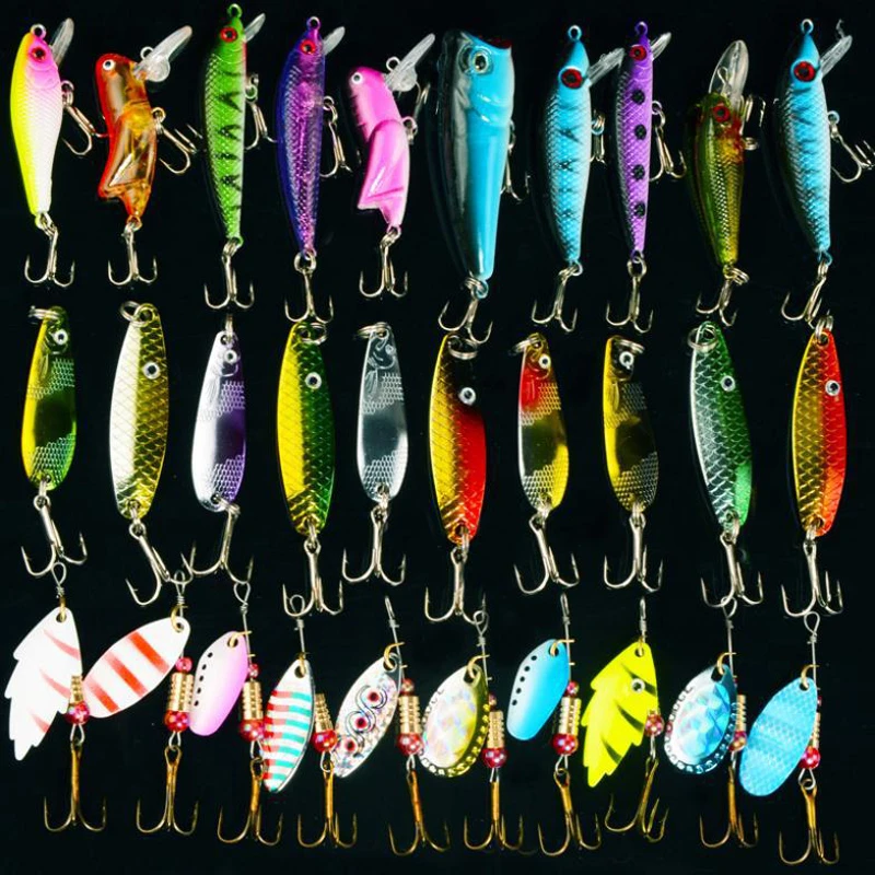 Free shipping 30pcs/lot Mixed Colo Fishing Lure Set Fishing Tackle Spoon/Spinner/Hard Lure Artifical Bait Pesca