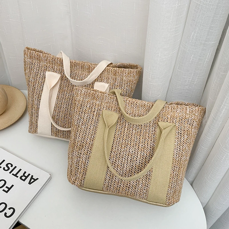 Summer Trend Straw Bags New Popular Hit Color Handbags for Women 2021 Designer Luxury Zipper Color Matching Tote Bag