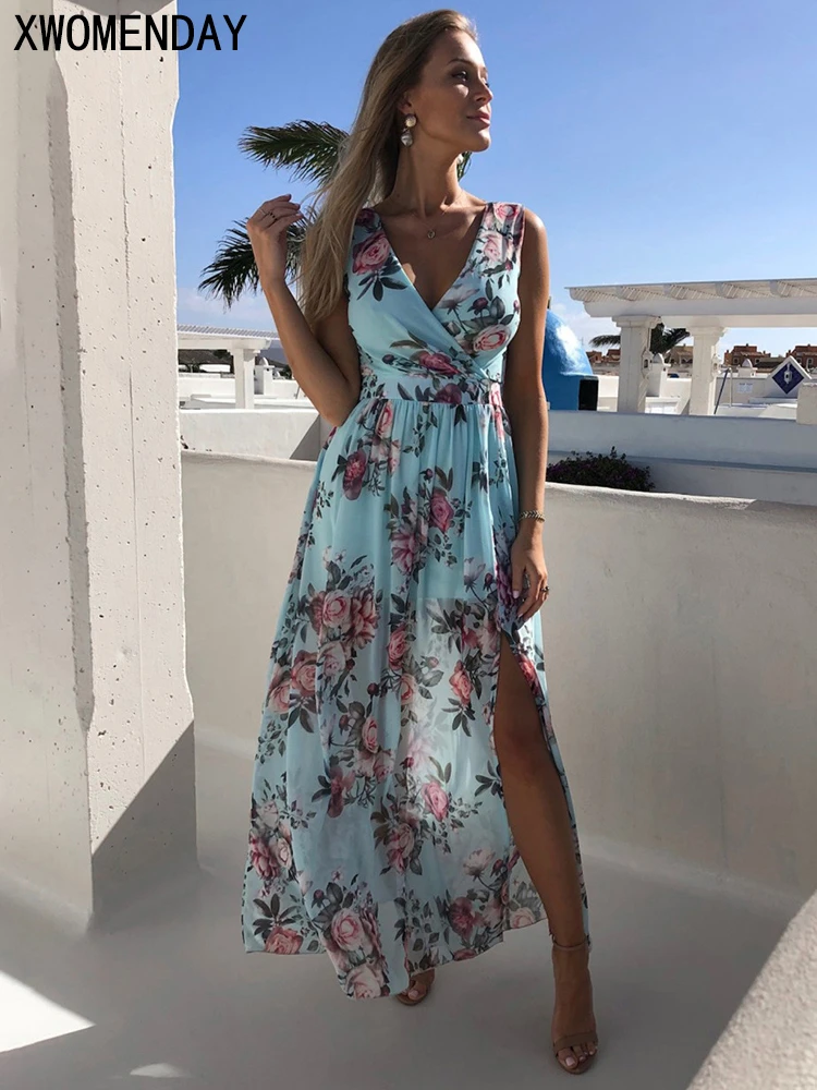 Chiffon Dress Pink Elegant Ladies Flroal Print Split Beach Holiday Long Maxi Dresses For Women Summer Clothes New Arrival 2021