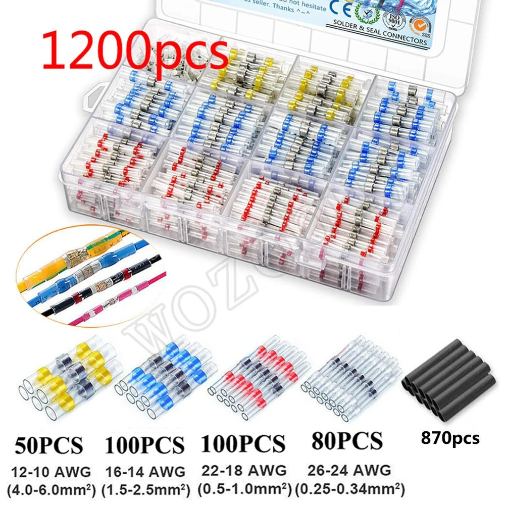 1200/800/300Pcs Solder Seal Wire Connectors Kit, Heat Shrink Butt Connectors Waterproof and Insulated Electrical Wire Terminals