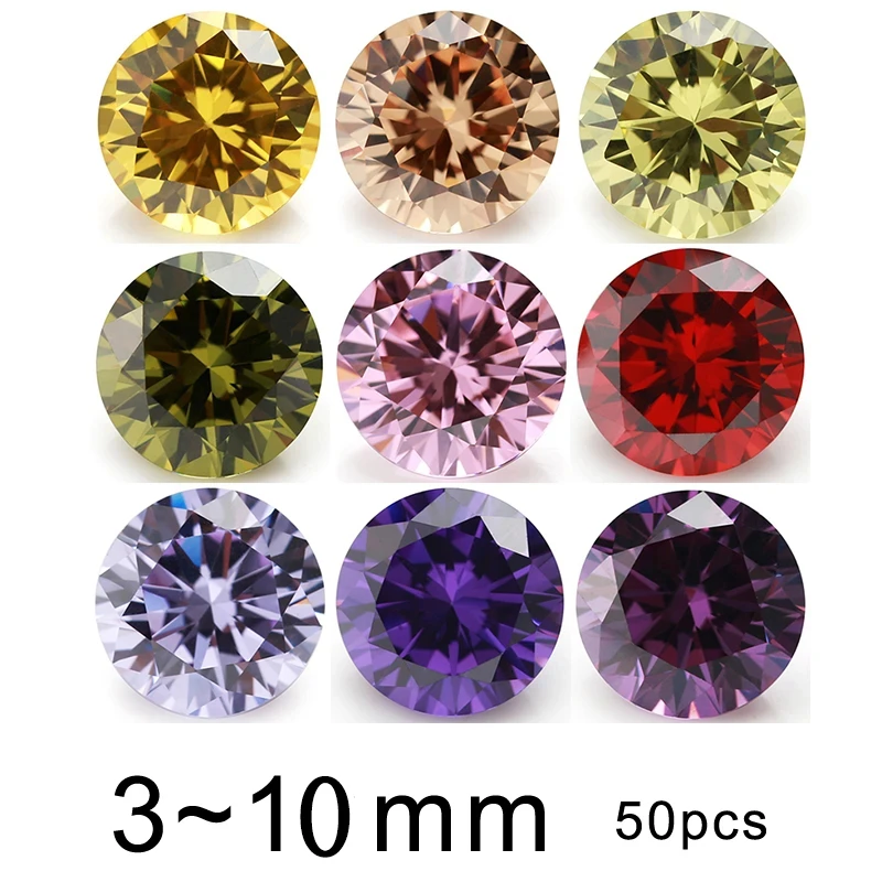 50pcs 3-16mm Color Cubic Zirconia Round Shape 5A CZ Stone Yellow ,Pink,Garnet Red,Black, Purple,Olive Yellow
