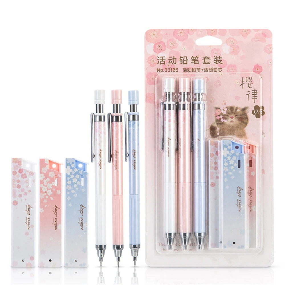 6pcs/set 0.5mm Cherry Blossom Mechanical Pencils with Pencil Refills Kawaii Automatic Pencils School Stationery Office Press Pen