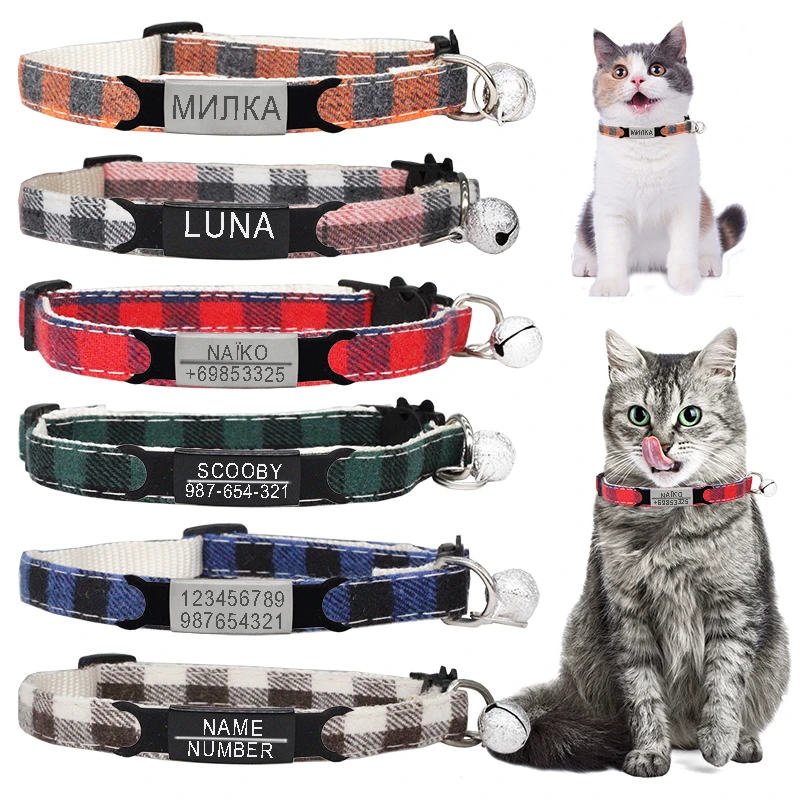 Plaid Cat Collar Personalized ID Small Dog Collars Safety Buckle Free Engraving Adjustable with Bell for Puppy Kittens Necklace