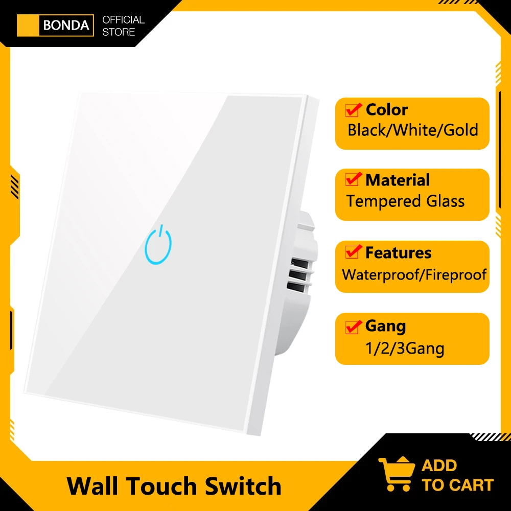 BONDA Touch Switch EU Standard  220V  Waterproof Scratch Resistant Crystal Glass Panel 1 Way 1/2/3 Gang Wall Light Sensor Switch