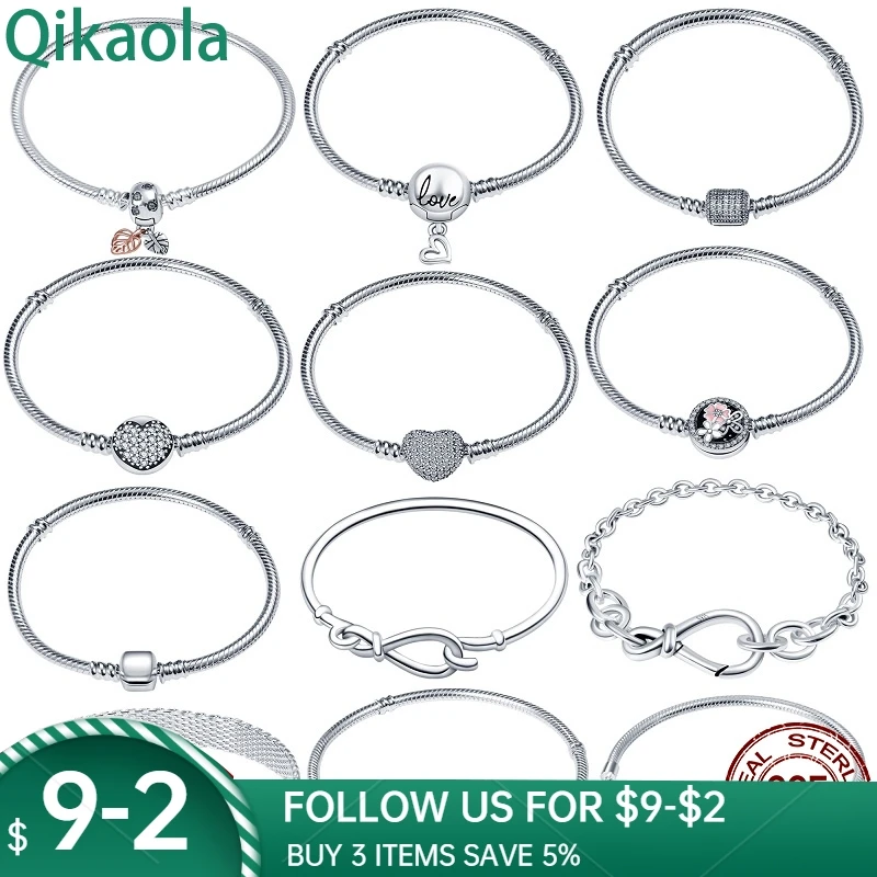 Qikaola Authentic Classic Series 100% 925 Sterling Silver Heart Bracelet Fit Original Beads Charms DIY Jewelry Gift For Women