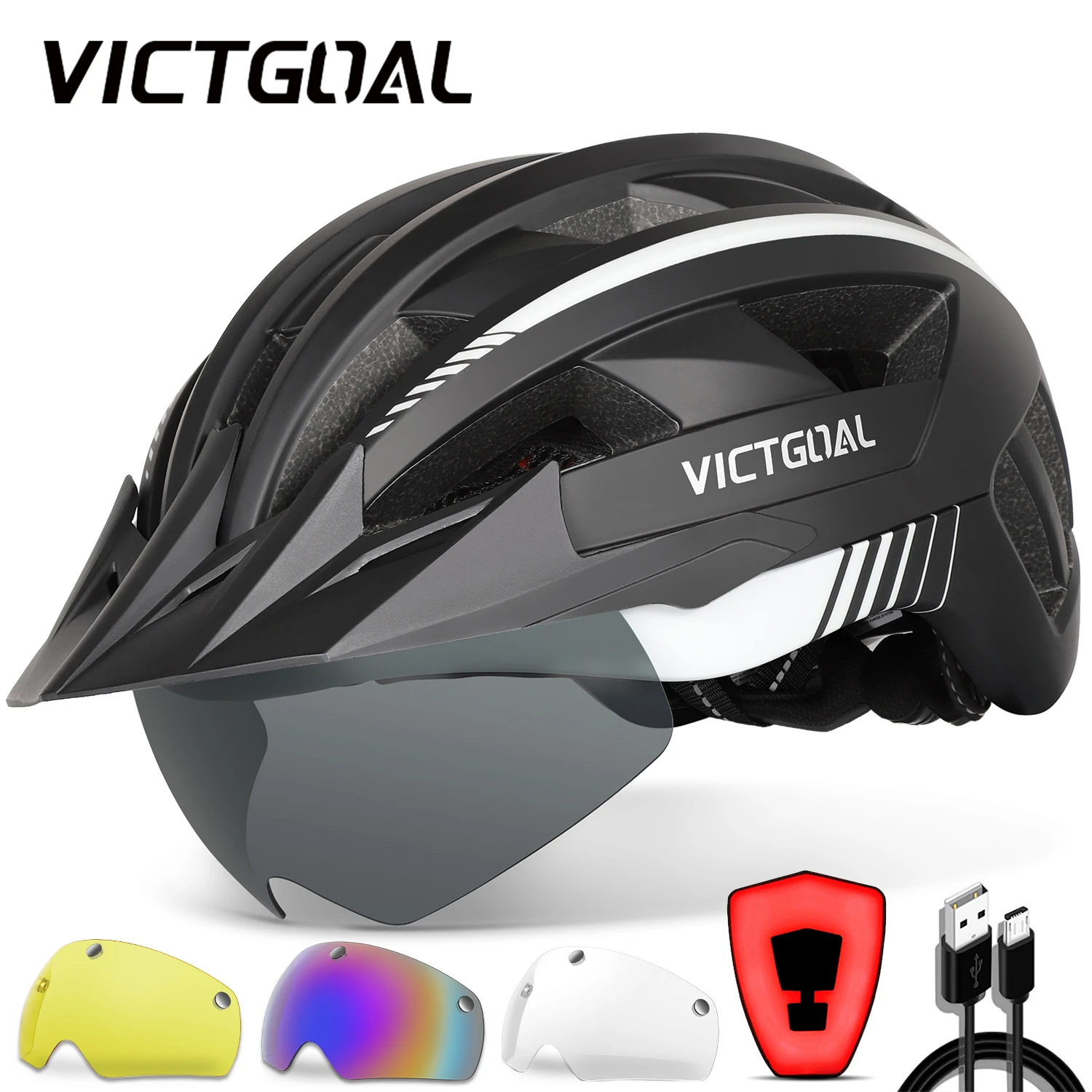 VICTGOAL MTB LED Bicycle Helmet USB Rechargeable Taillight Cycling Helmet for Men Mountain Road Sun Visor Goggles Bike Helmets