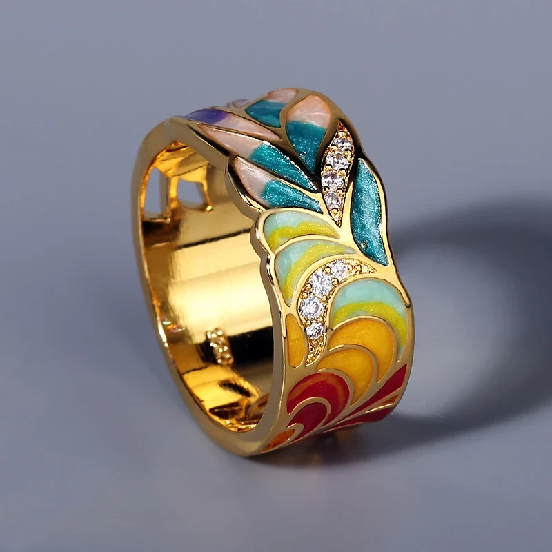 New Ladies Silver Ring 925 Sterling Silver Fashion Ring Golden Color Feather Zircon Ring Party Jewelry Enamel Handmade