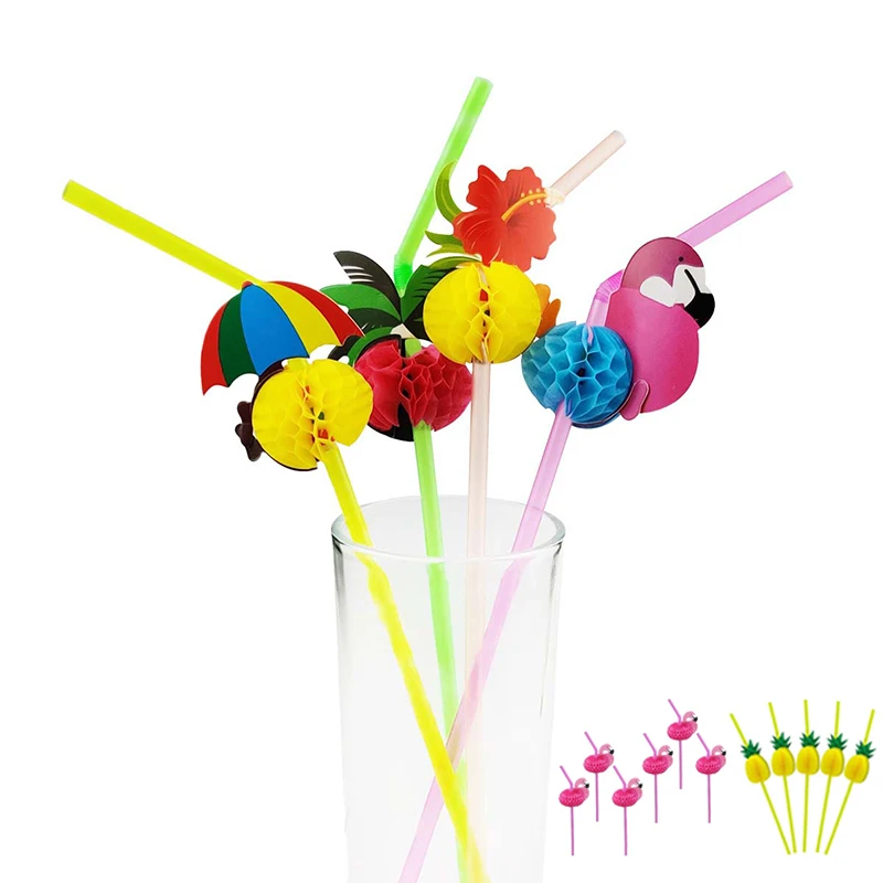 Disposable Flamingo Pineapple Plastic Straws Fun Colorful Cocktail Drinking Straw Hawaii Summer Beach Luau Party Supplies