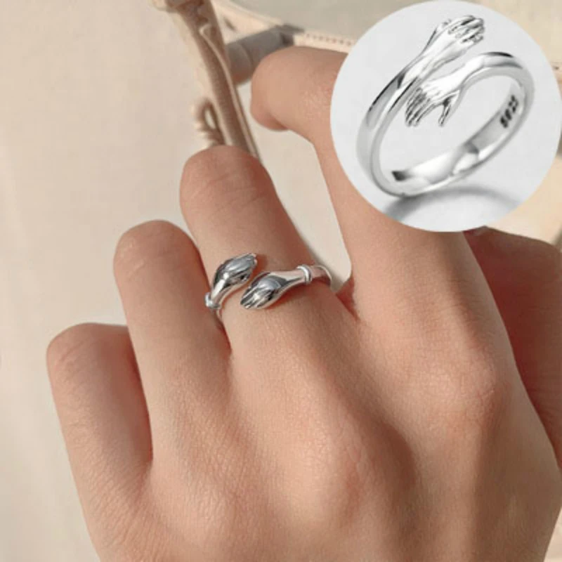 2 Pcs Lover Romantic Hand and Love Hug Ring Creative Opening Love Forever Adjustable Finger Female Men's Fashion Jewelry Gift