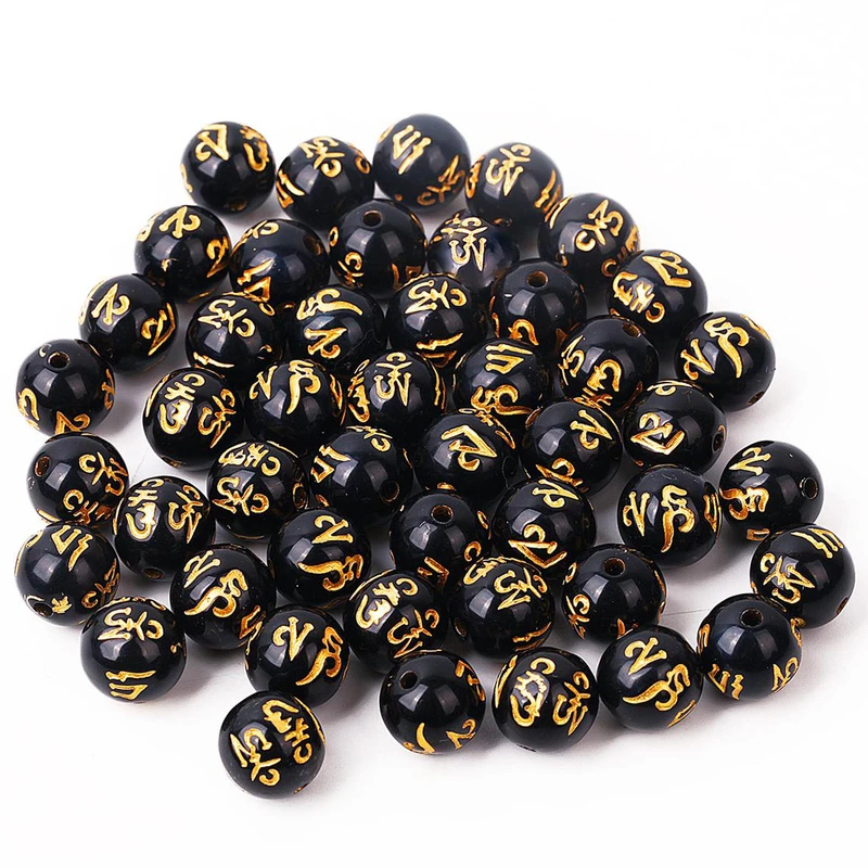 50/100pcs 8mm-14mm Buddha Charms Beads Black Color with Carving Gold Dragon Chinese Pixiu Bracelet DIY Beads for Jewelry Making