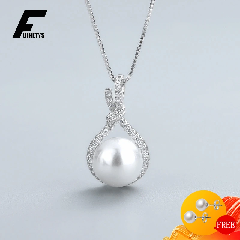 Luxury 925 Silver Jewelry Necklace Pendant Round White Pearl Zircon Gemstone Accessories for Women Wedding Engagement Wholesale