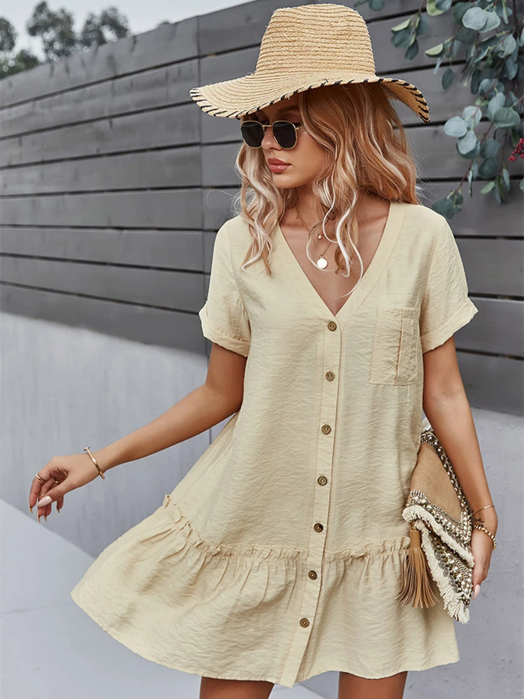 Spring New Solid Short Dress Women 2021 Casual V Neck Single Breasted Summer Dress Ladies Loose A Line Dresses