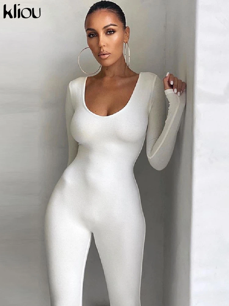 Kliou Autumn Solid Stretchy Bodycon Jumpsuits Women Slim Casual Skinny Streetwear Active Fitness Sporty Work Out Rompers