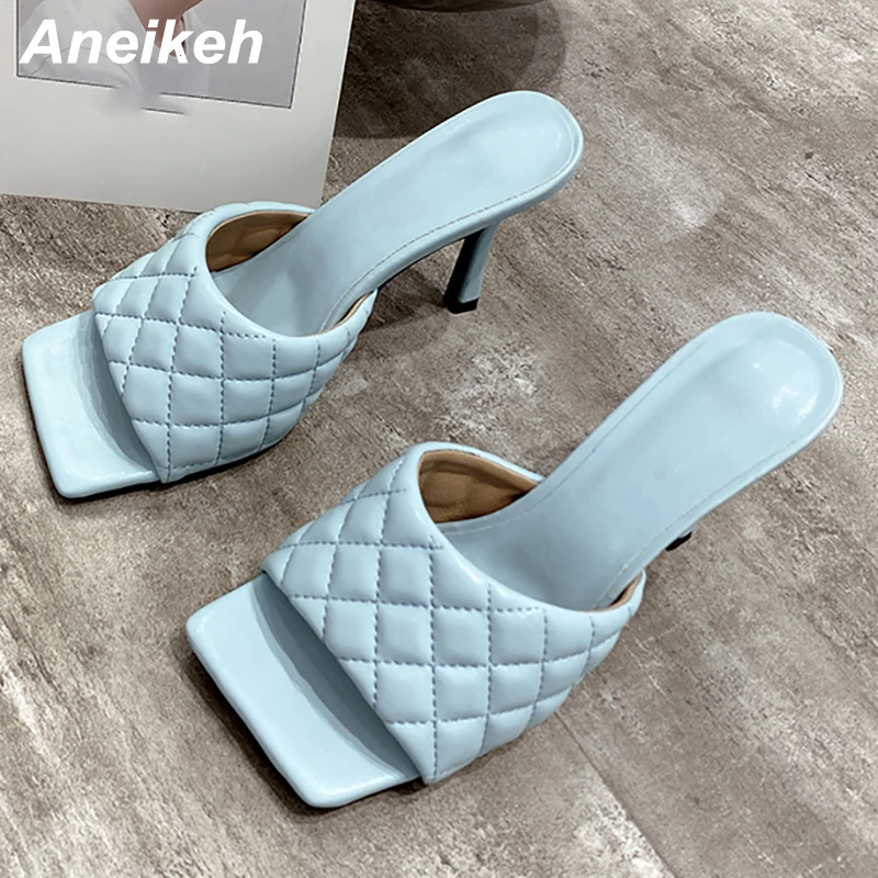 Aneikeh NEW Sexy PU Diamond Square Head Peep Toe Thin High Heels Slippers Summer Fashion Slip On Slides Women Mules Party Shoes